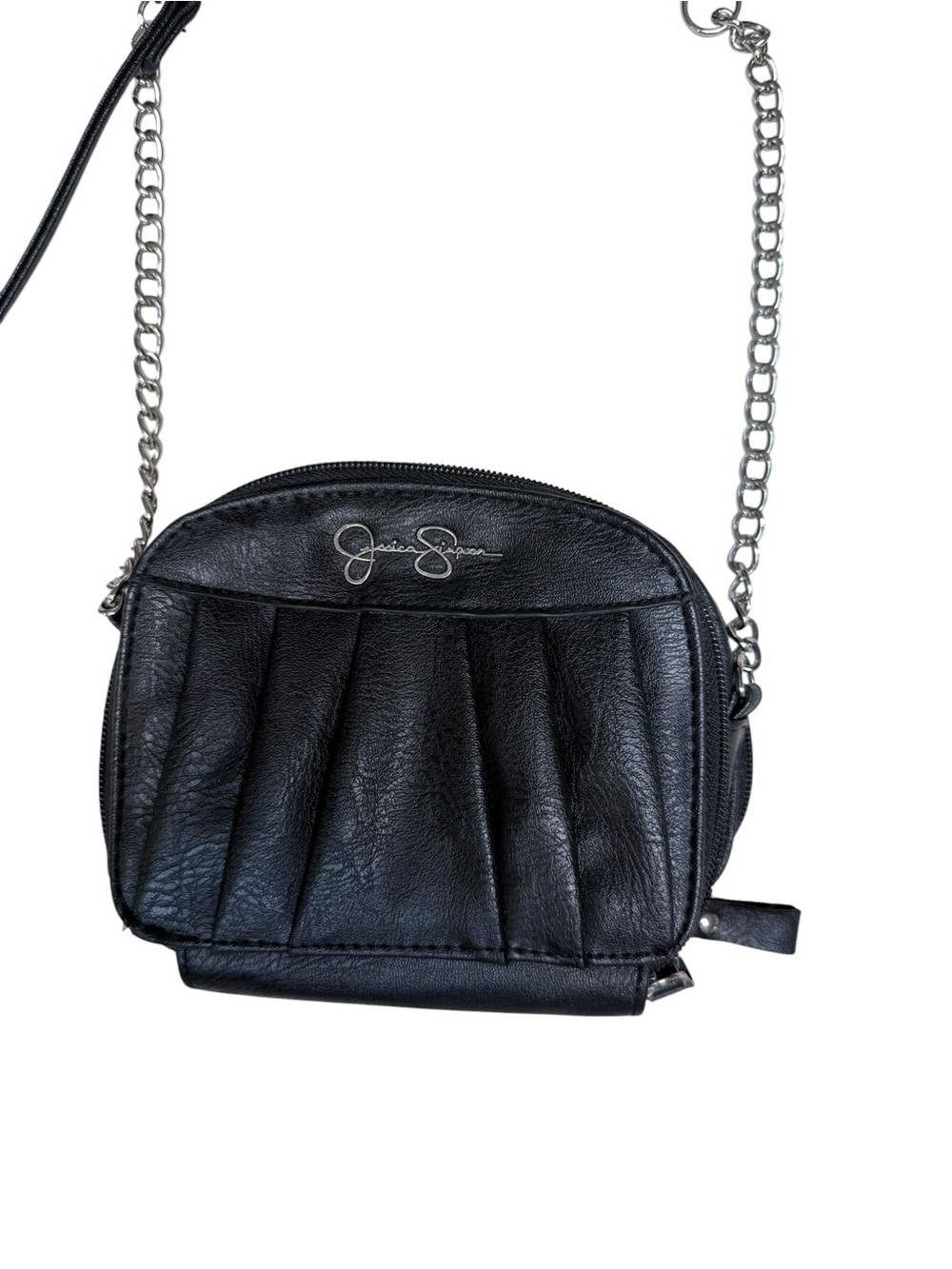 Jessica Simpson Black Pleated Leather Crossbody Bag with Silver Chain